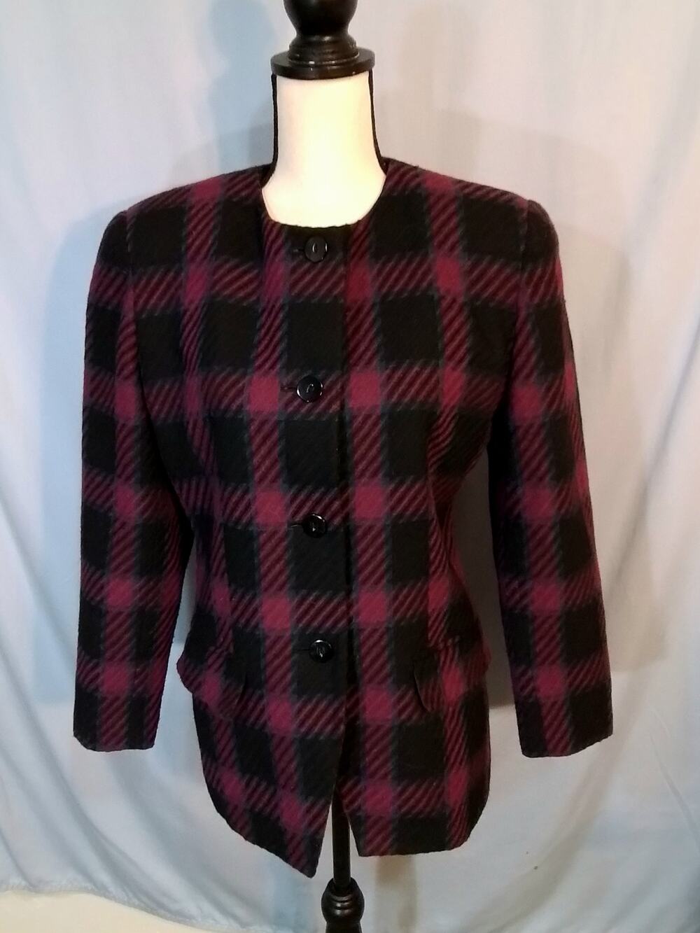 Karen Scott; Red and black plaid jacket